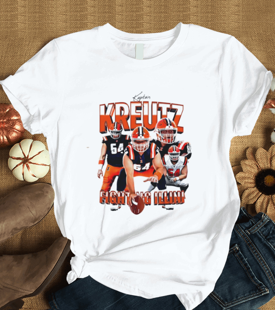 Kreutz Fighting Illini Football Player Action Pose Orange And Blue T-Shirt