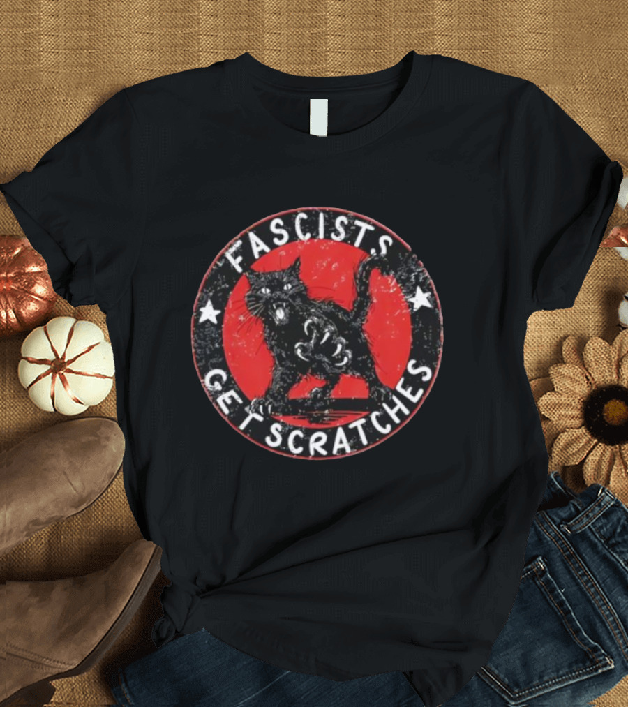 Black Cat Fascists Get Scratches Round Emblem With Stars T-Shirt