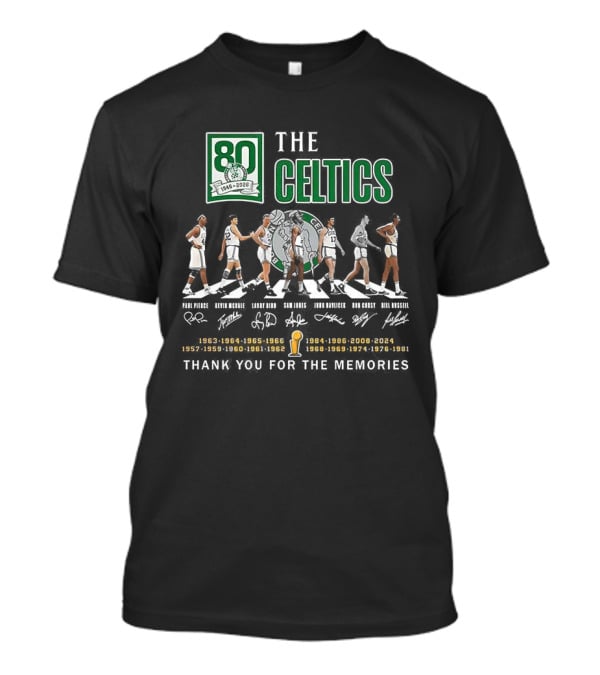 Boston Celtics 80th Anniversary Legendary Players Coaches Signatures Commemorative 1950s 1960s 1970s 1980s T-Shirt