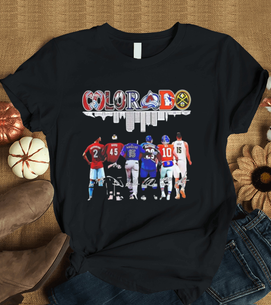 Colorado Avalanche Broncos Nuggets Rockies Jerseys And Ward Jokic Signatures T-Shirt