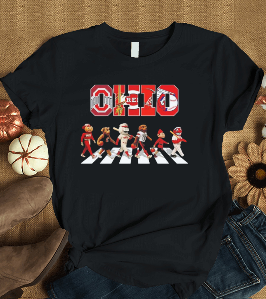 Ohio State Browns Indians Reds Cavaliers Bengals Guardians Mascots Abbey Road T-Shirt
