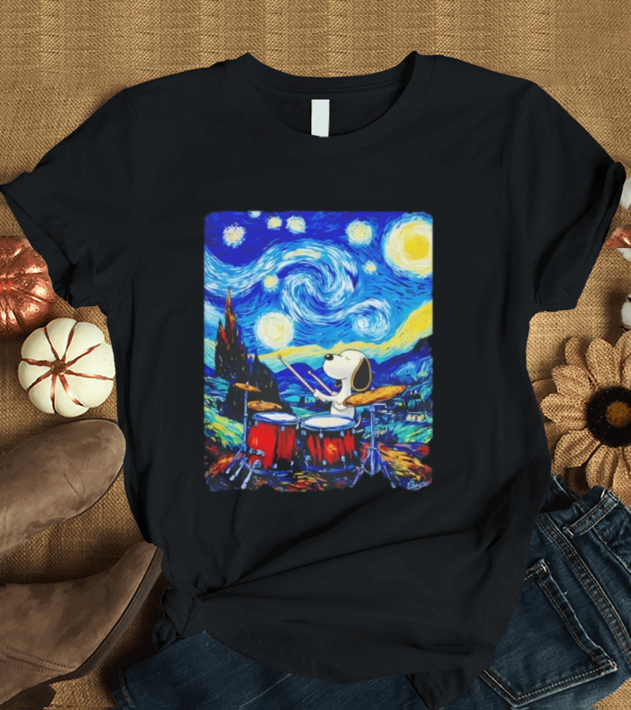 Snoopy Playing Drums Starry Night Van Gogh T-Shirt