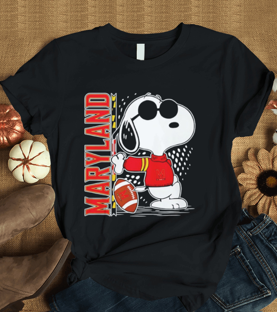 Snoopy Joe Cool With Football And Maryland Terrapins T-Shirt