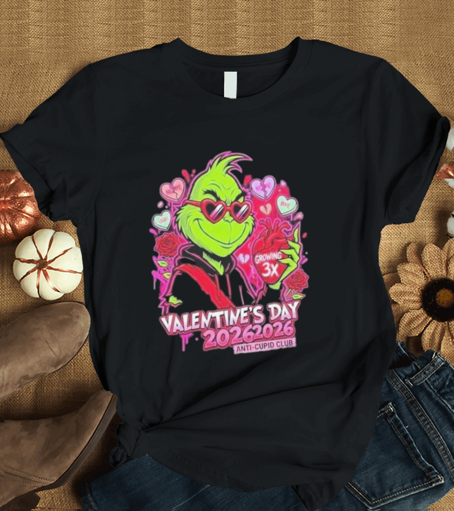 The Grinch Valentine's Day 2026 Anti Cupid Club Growing 3X Heart Funny Sarcastic Candy Hearts T-Shirt