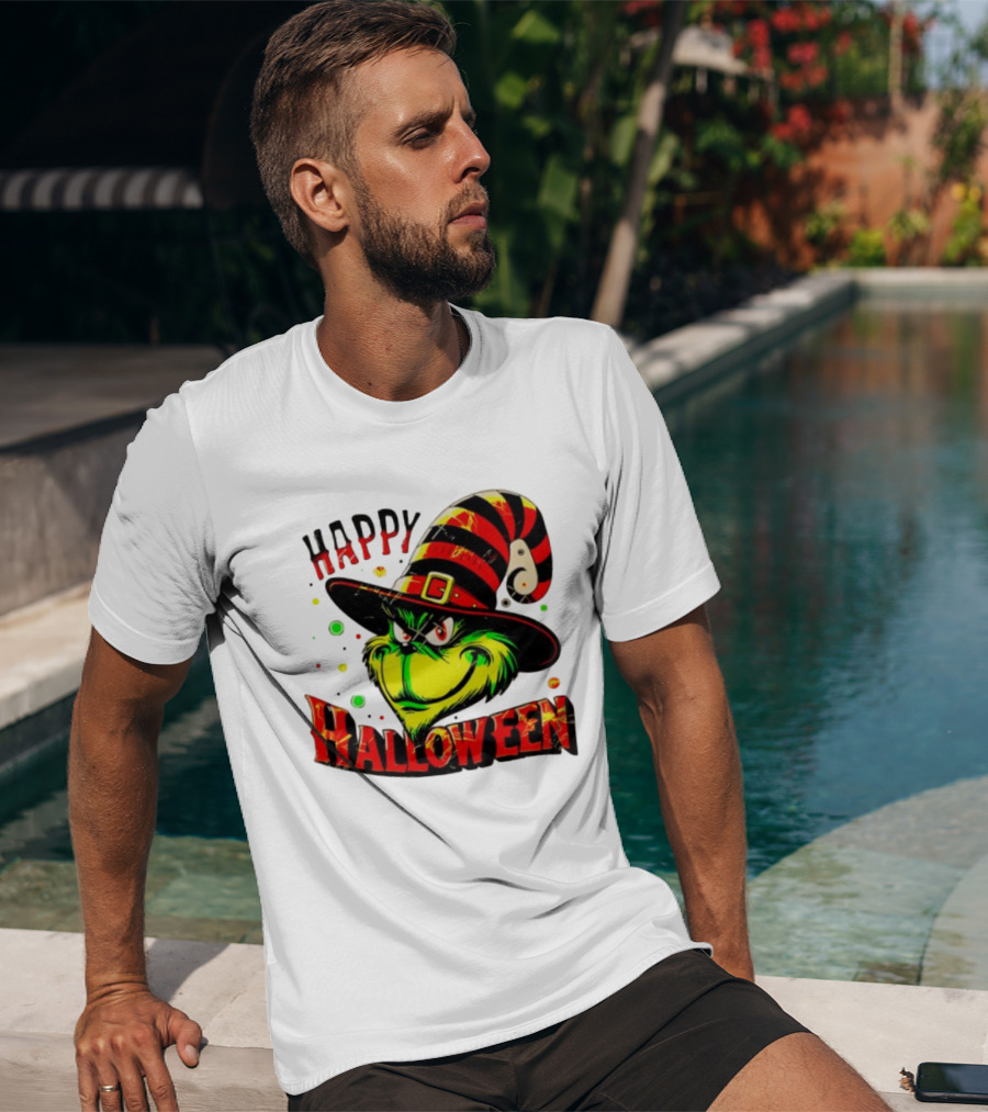 Happy Halloween Grinch Witch Hat Striped Festive T-Shirt
