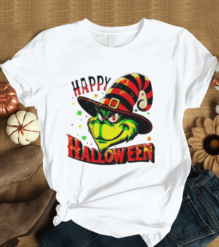 Happy Halloween Grinch Witch Hat Striped Festive T-Shirt