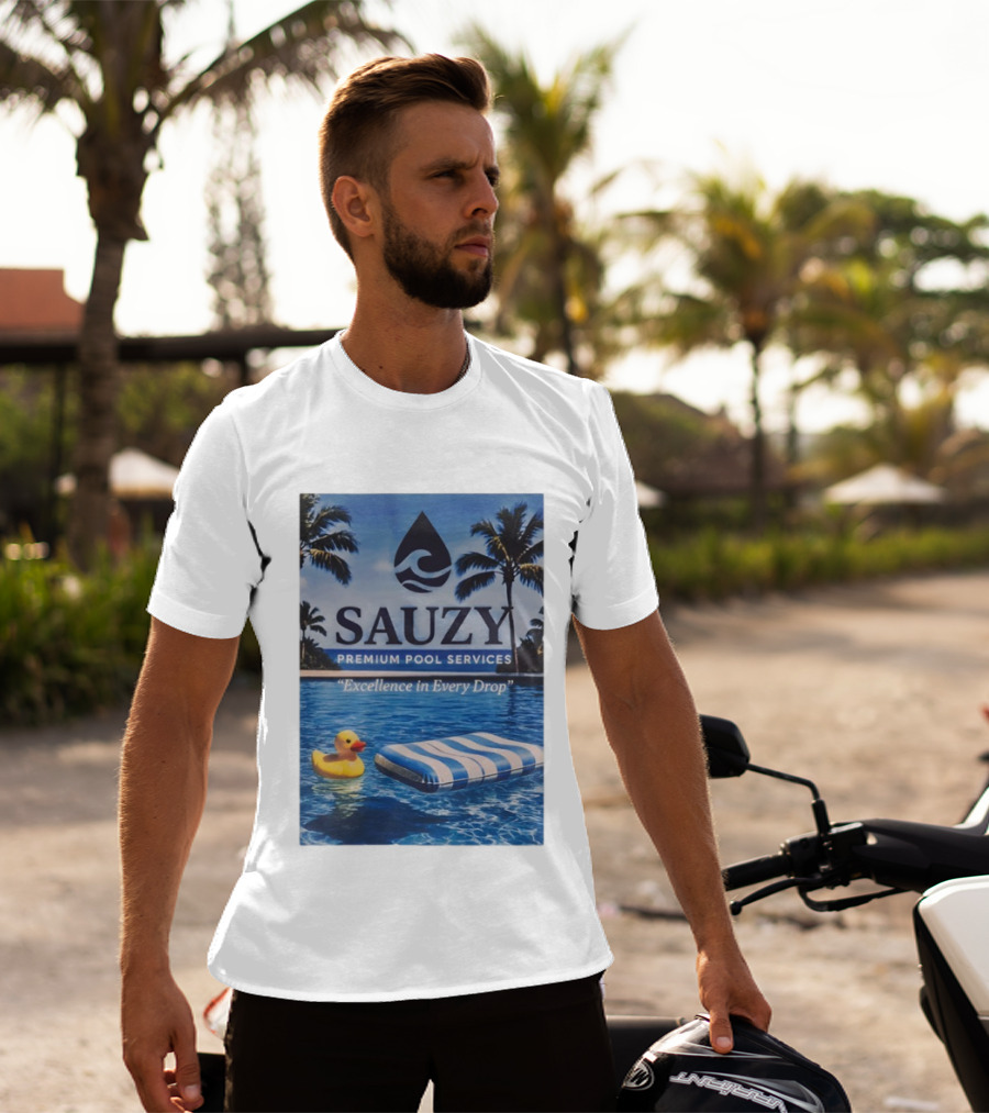 Sauzy Premium Pool Services Excellence In Every Drop Floating Fun With Duck And Lounger Palm Oasis T-Shirt