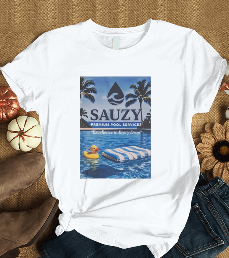 Sauzy Premium Pool Services Excellence In Every Drop Floating Fun With Duck And Lounger Palm Oasis T-Shirt