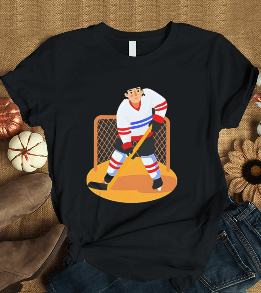 Ice Hockey Goalie In Action With Stick And Net Background T-Shirt