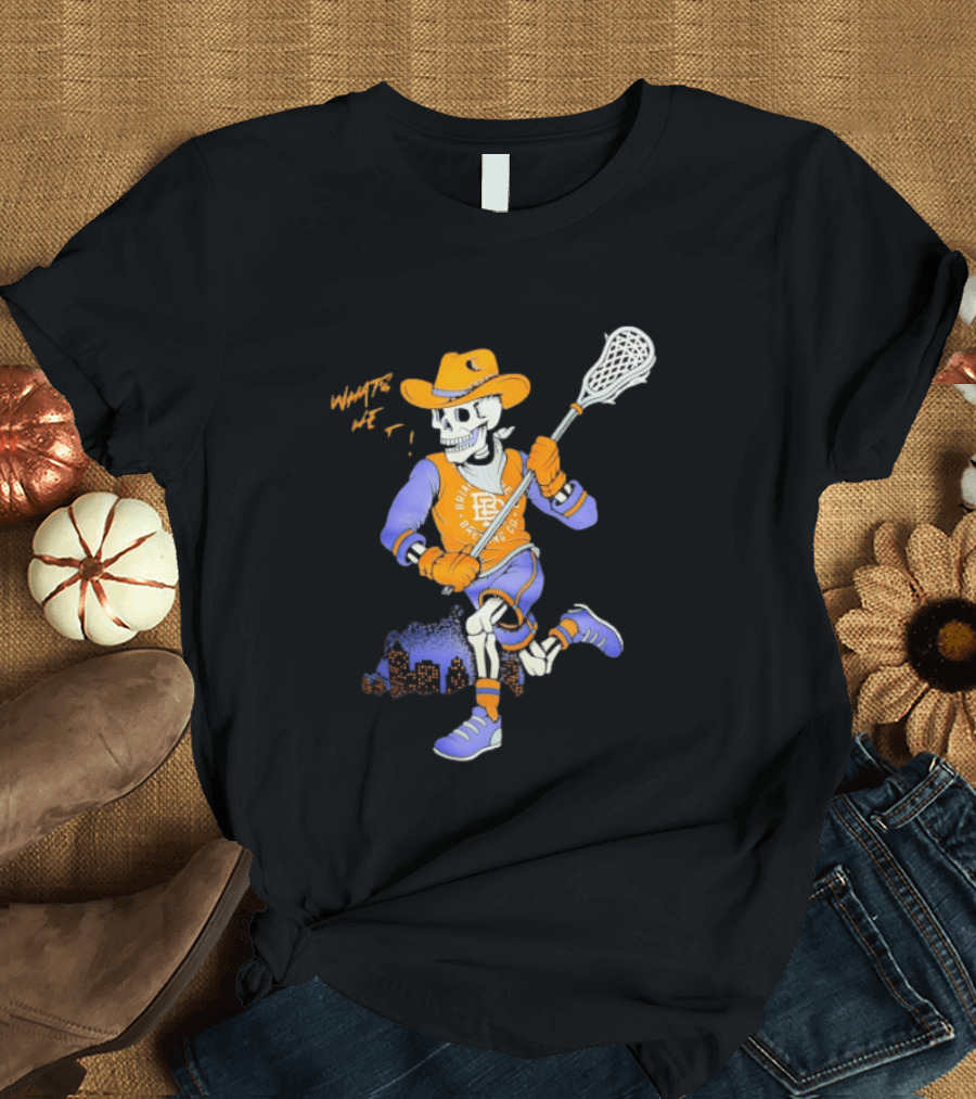 BriarBrothers Brewing Co Skeleton Lacrosse Player With City Skyline T-Shirt