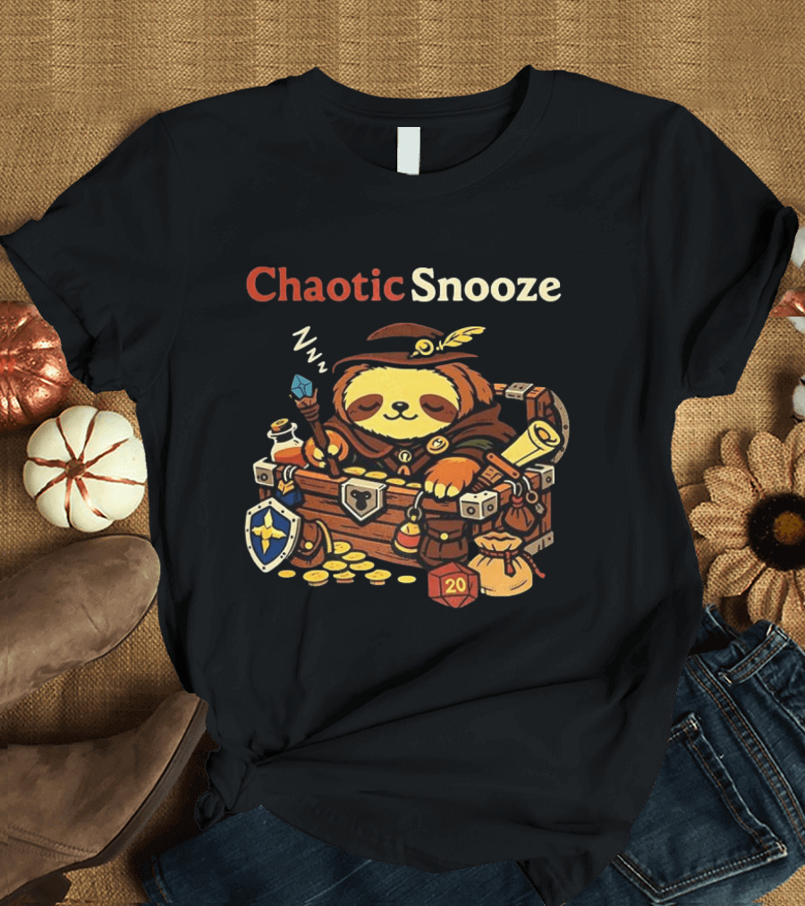 Chaotic Snooze Sloth With Dungeons And Dragons Dice And Treasure T-Shirt