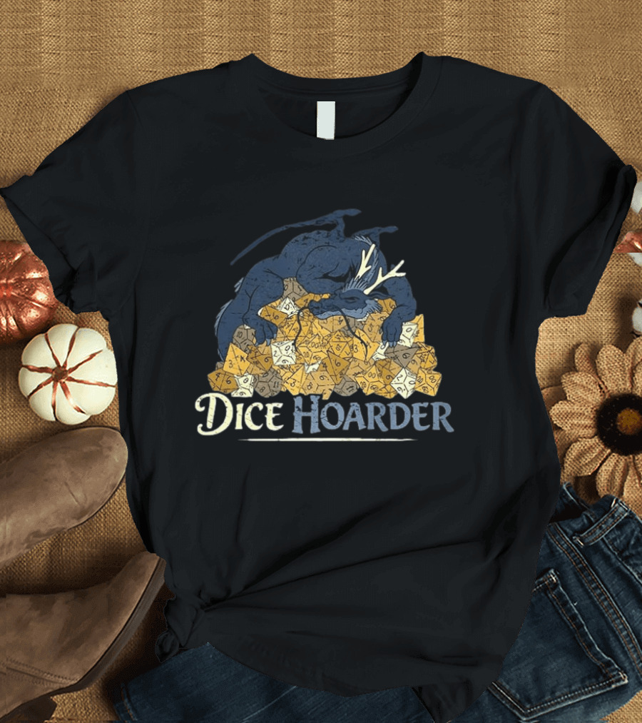 Dice Hoarder Dragon With Pile Of Polyhedral Dice Dungeons And Dragons Fantasy T-Shirt