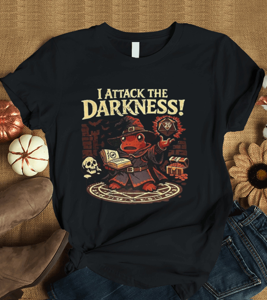 I Attack The Darkness Frog Wizard D20 Skull Spellbook Dungeon Treasure T-Shirt