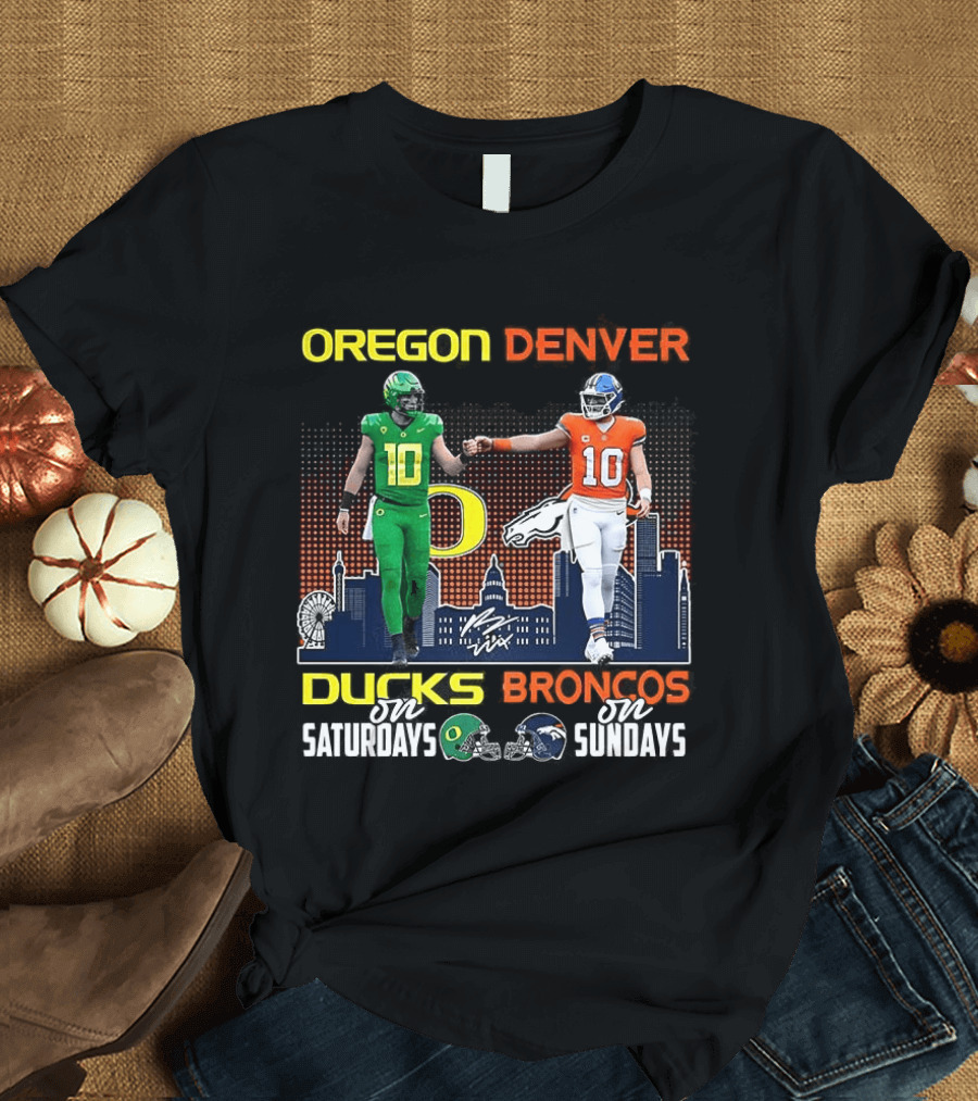 Oregon Ducks Saturdays Denver Broncos Sundays Bo Nix Signature Skyline T-Shirt