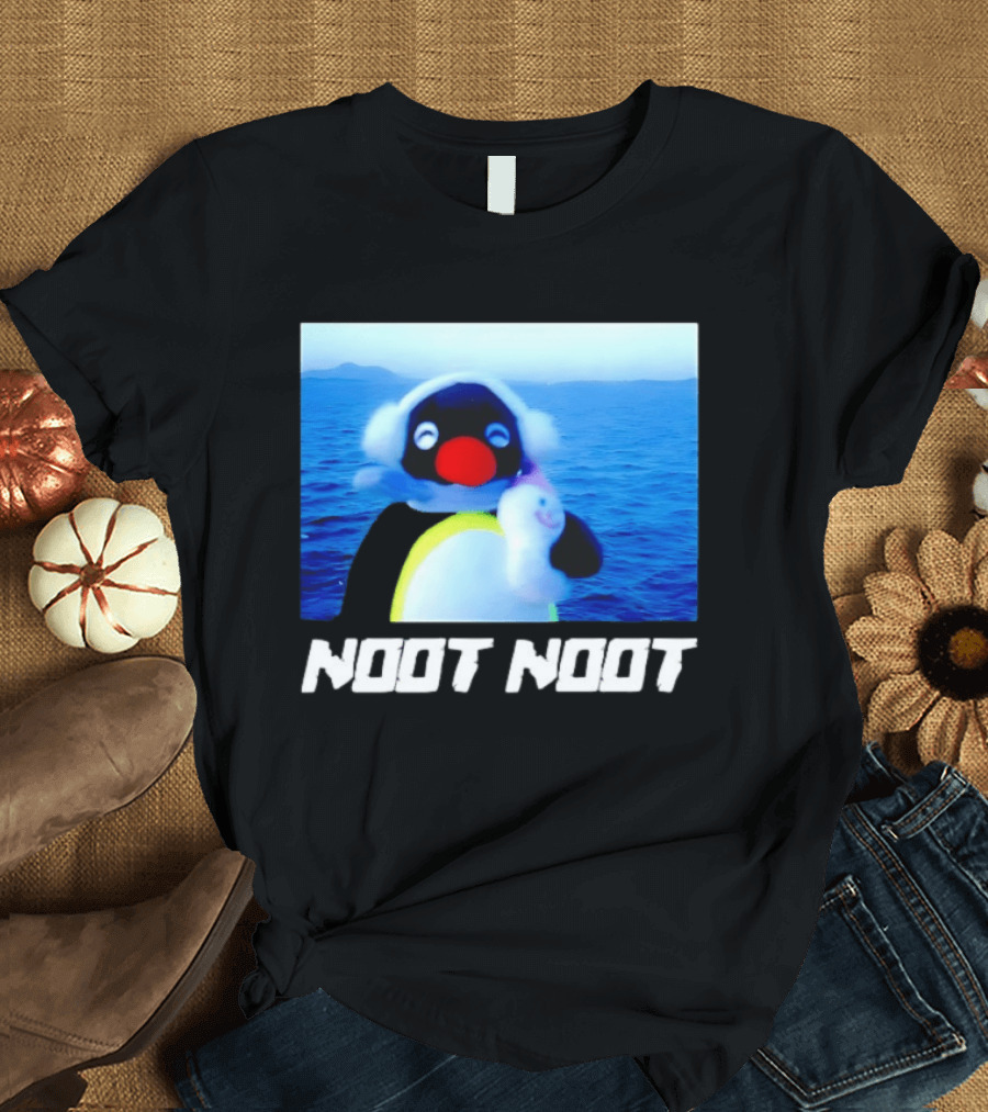 Noot Noot Penguin Holding Toy Ocean Background T-Shirt