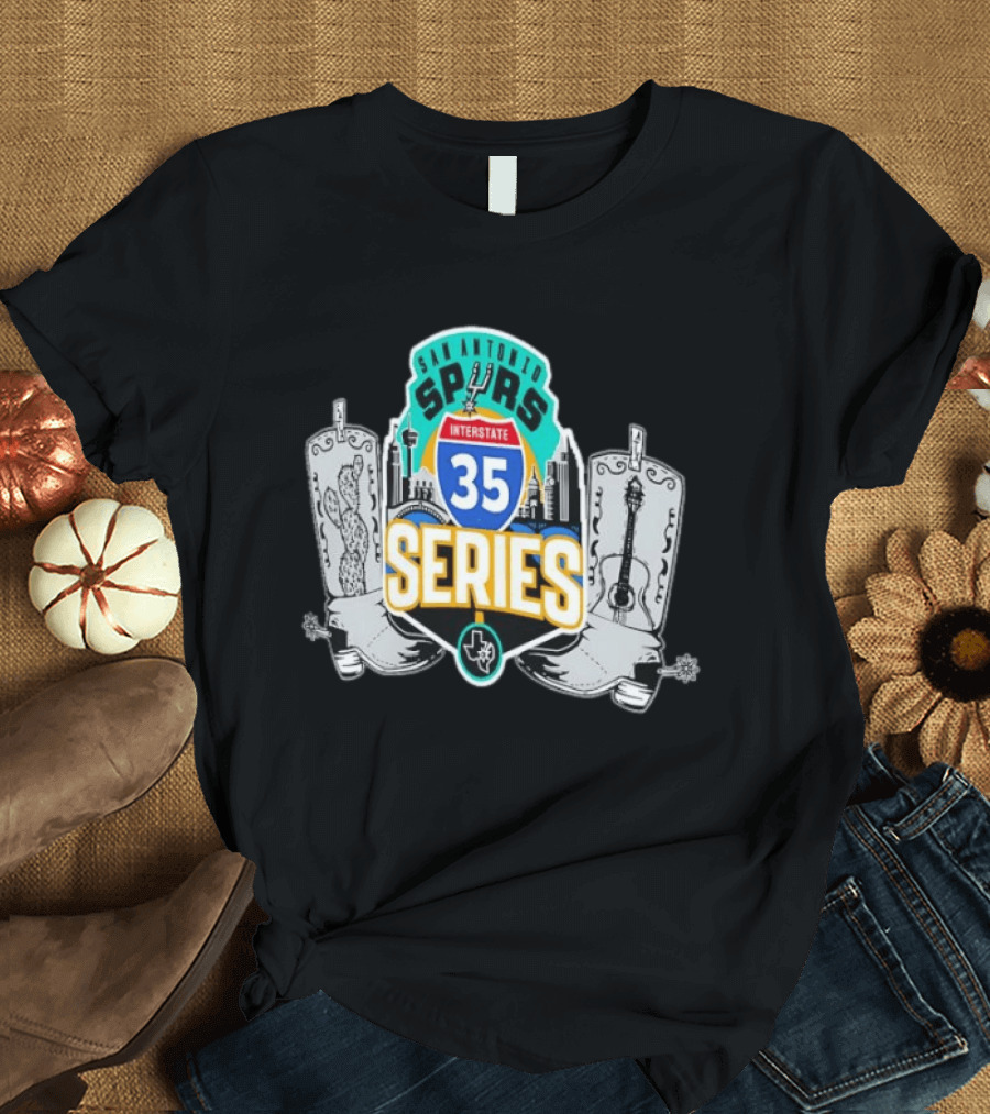 San Antonio Spurs Interstate 35 Series Cactus Guitar Boots Skyline T-Shirt