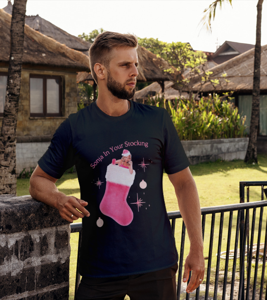 Sonja In Your Stocking Holiday Christmas Sox Pink Santa Hat Festive T-Shirt