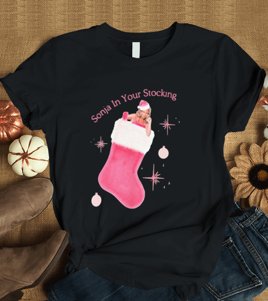 Sonja In Your Stocking Holiday Christmas Sox Pink Santa Hat Festive T-Shirt