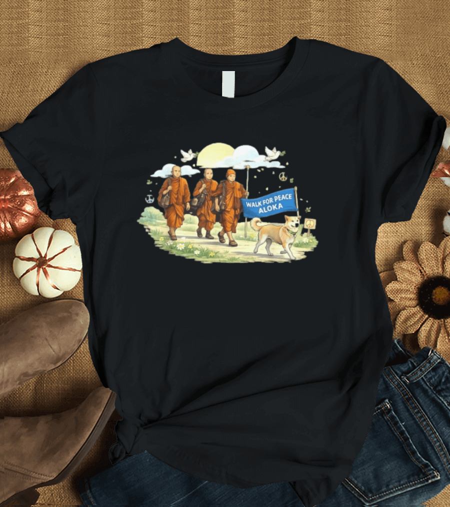 Walk For Peace Aloka Monks With Dog And Doves T-Shirt