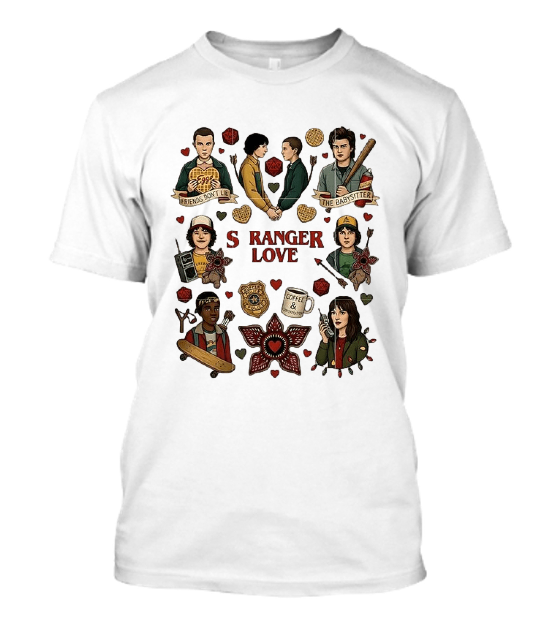 Stranger Love Friends Don't Lie Valentine's Day Babysitter Coffee Contemplation T-Shirt