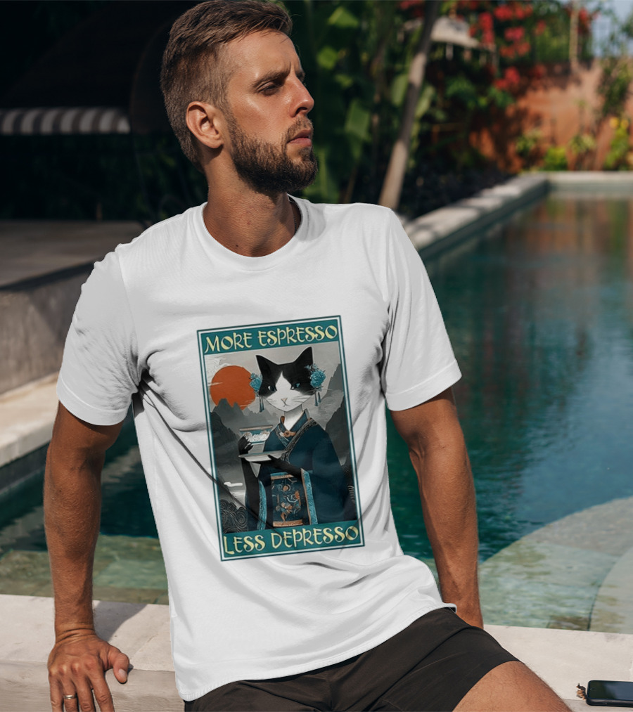 More Espresso Less Depresso Zen Barista Cat Ukiyo E T-Shirt