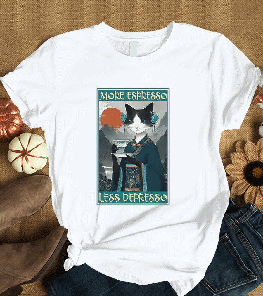 More Espresso Less Depresso Zen Barista Cat Ukiyo E T-Shirt