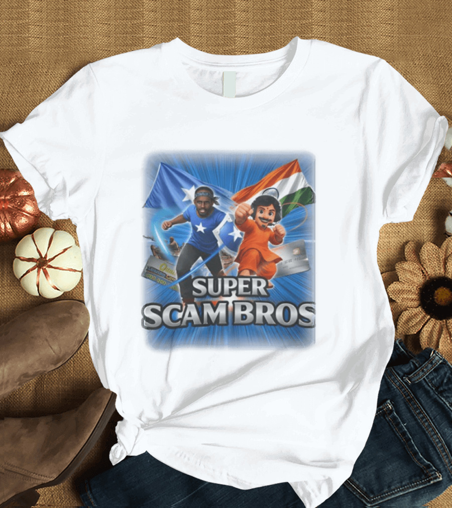 Super Scam Bros Indian Flag With Cartoon Superheroes And Credit Cards T-Shirt