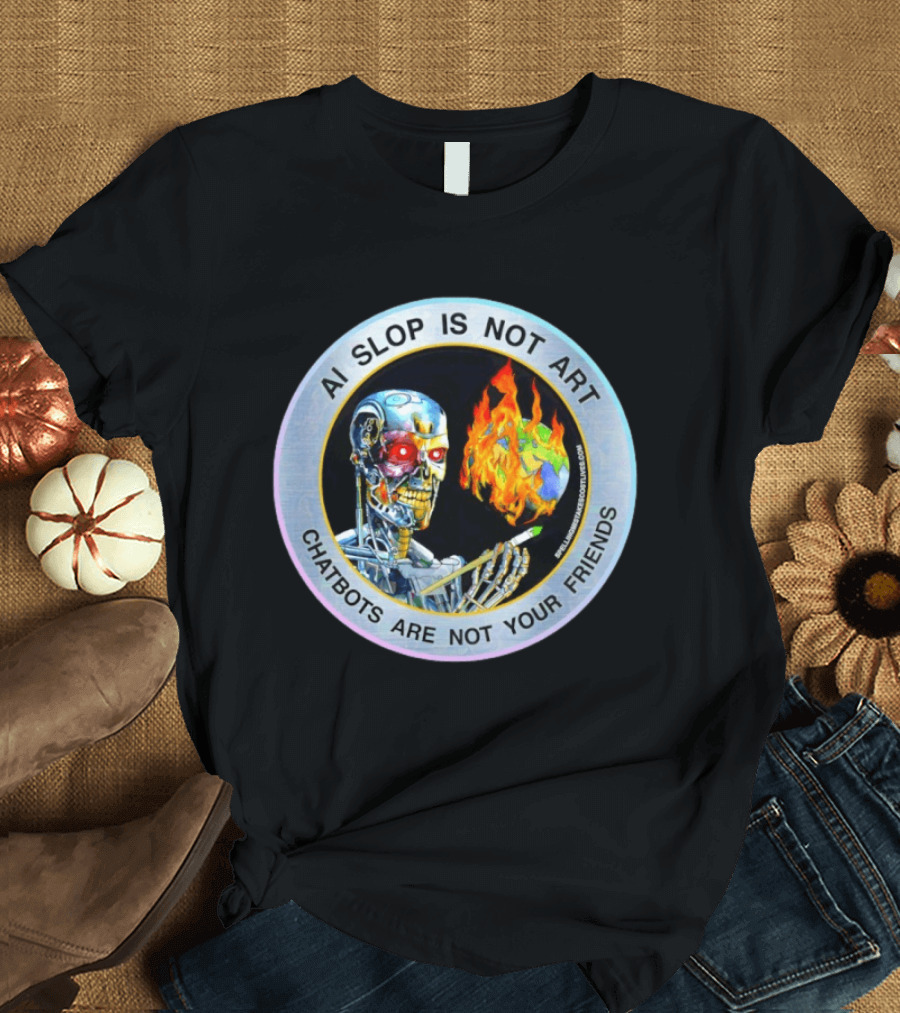 AI Slop Is Not Art Chatbots Are Not Your Friends Cyborg Painting Flames T-Shirt