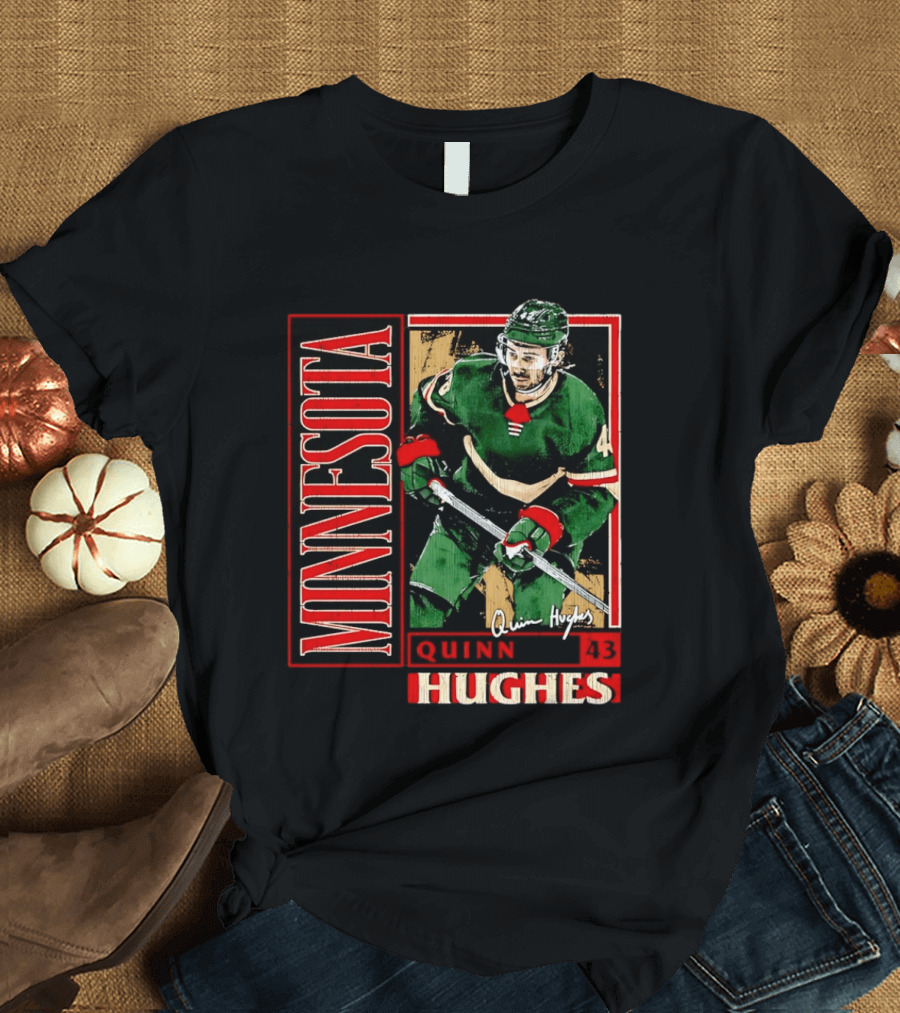 Minnesota Quinn Hughes 43 Hockey Player Art Card T-Shirt