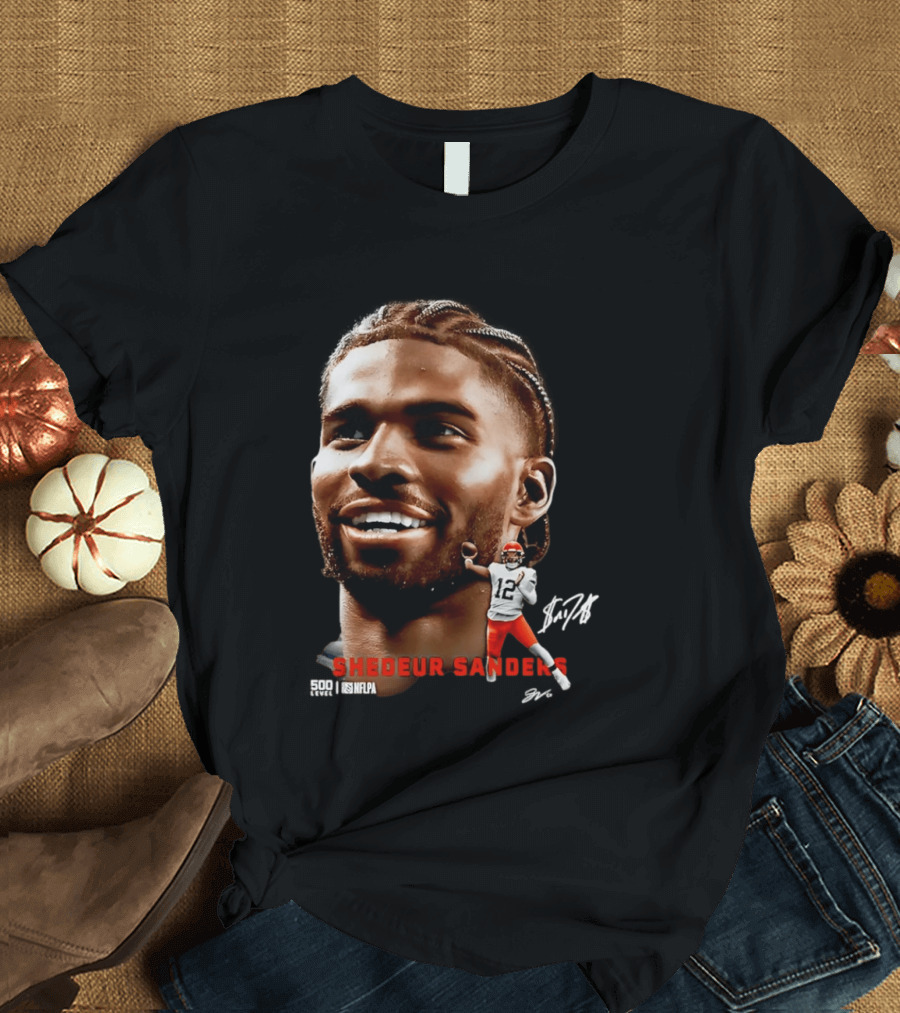 Shedeur Sanders NFLPA 500 Level Dual Autograph Cleveland 12 T-Shirt