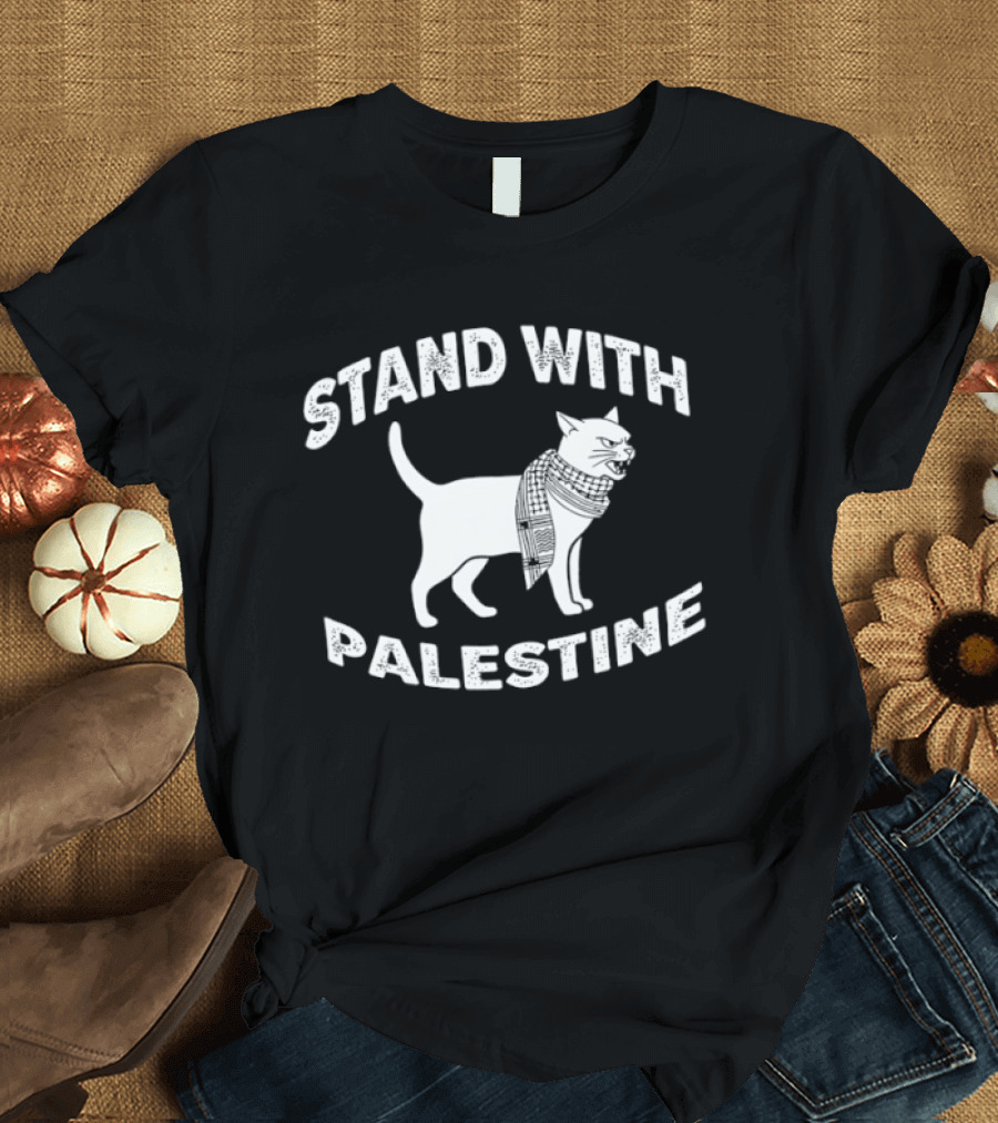 Stand With Palestine Cat Support Solidarity Message T-Shirt