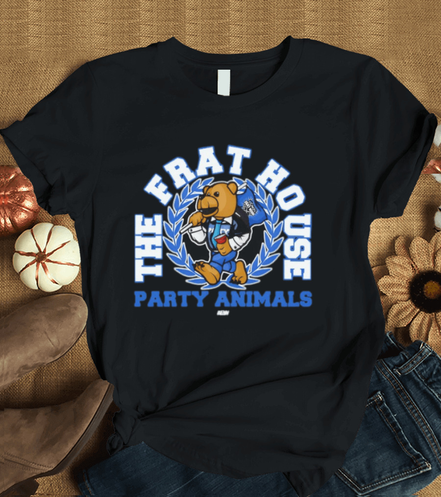 The Frat House Party Animals Beer Bear Drinking In Blue College Jacket T-Shirt