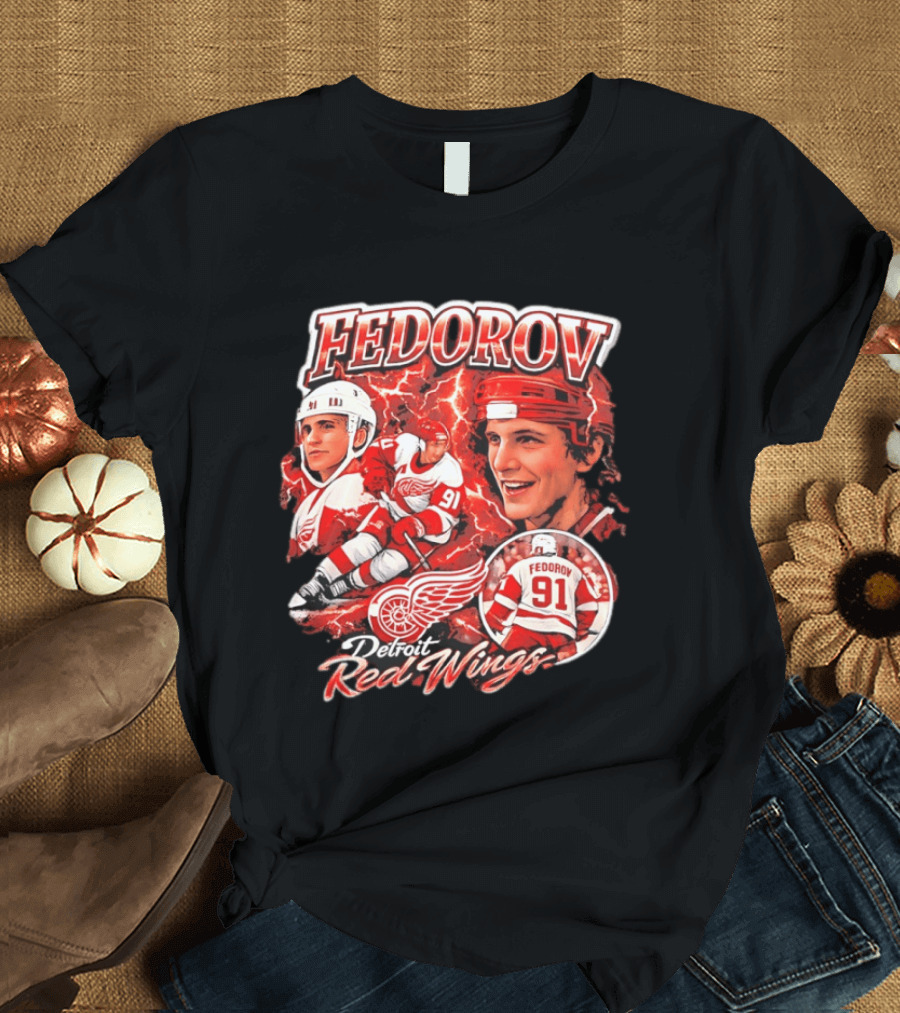 Fedorov 91 Detroit Red Wings Vintage Hockey Hero T-Shirt