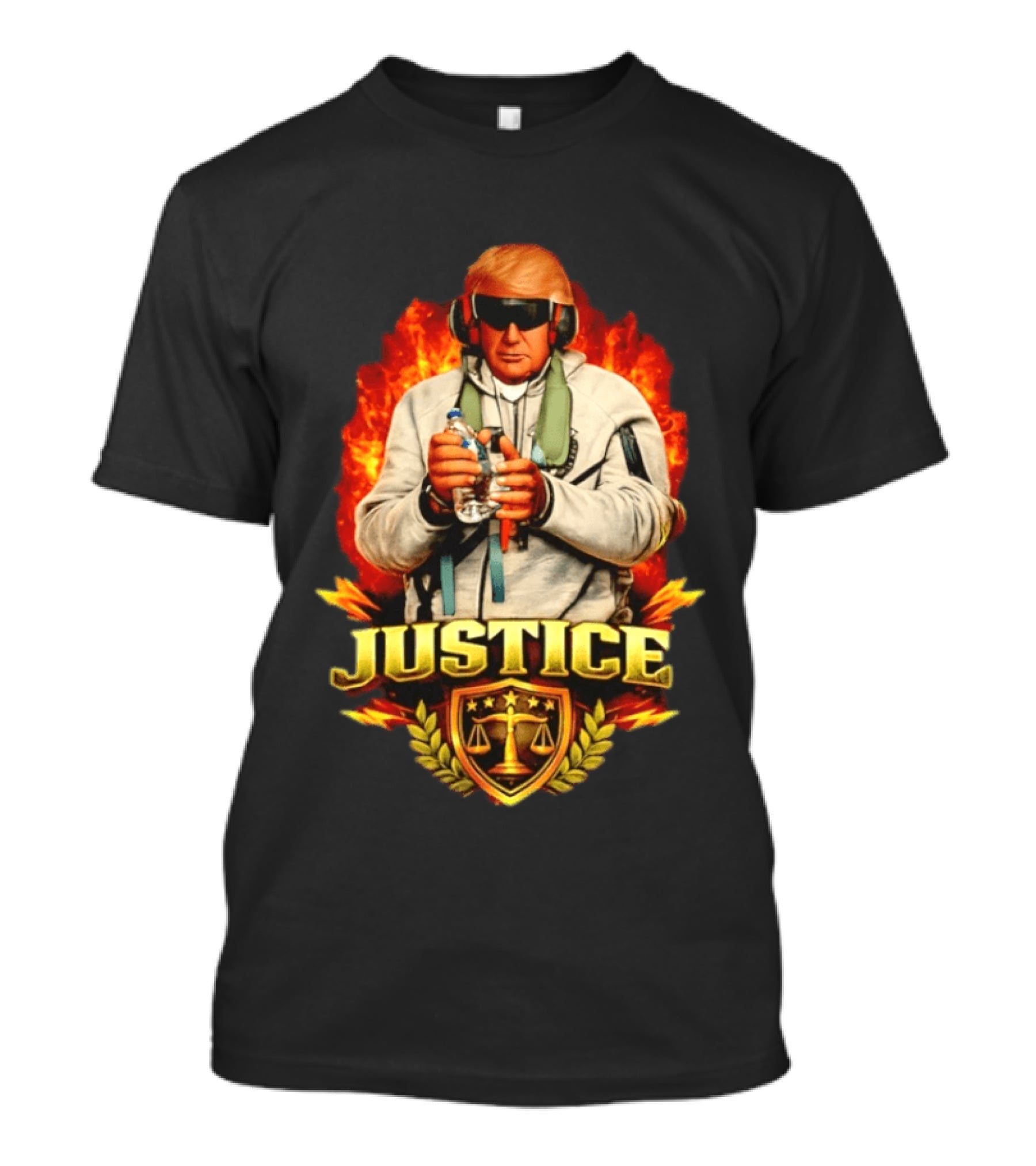 Justice Trump Flaming Background Holding Water Scales Of Justice T-Shirt