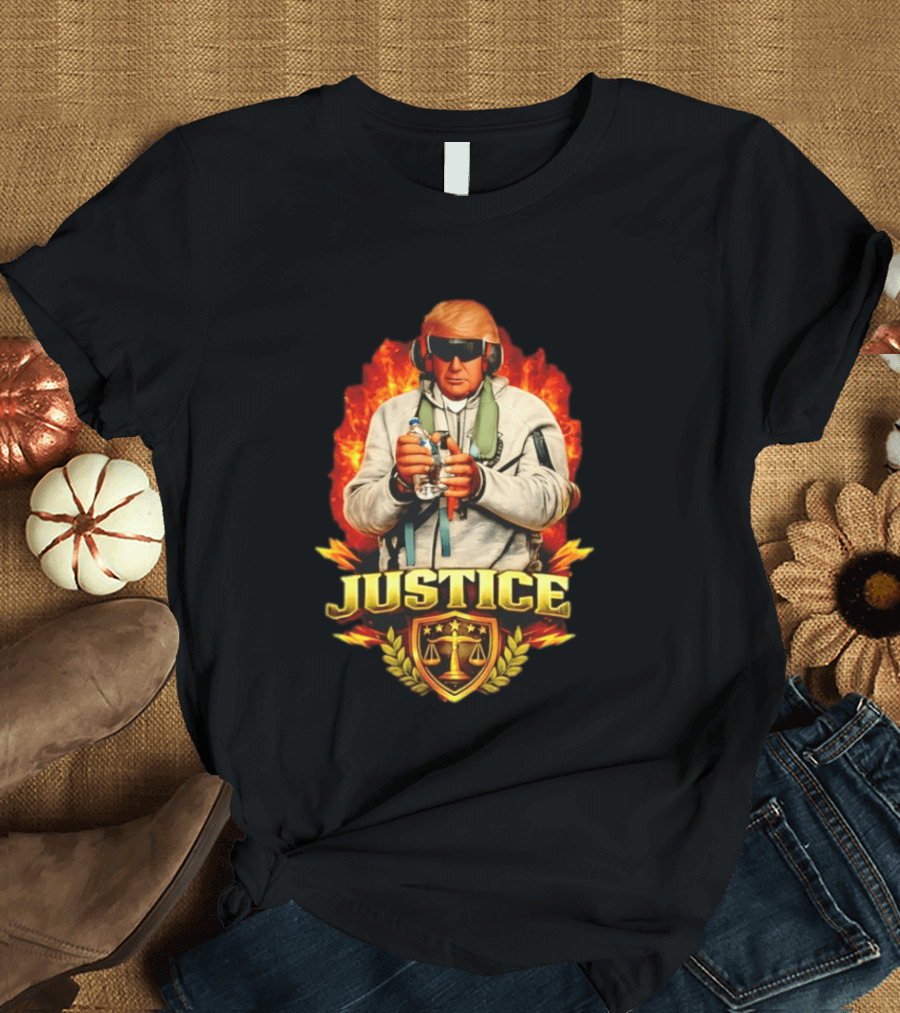 Justice Trump Flaming Background Holding Water Scales Of Justice T-Shirt
