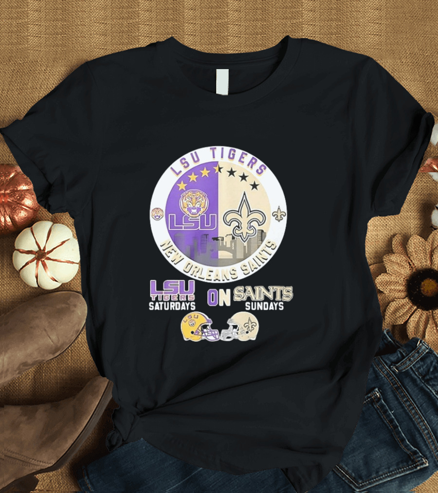 LSU Tigers Saturdays New Orleans Saints Sundays Mashup Helmet T-Shirt