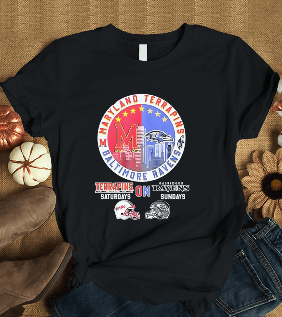 Maryland Terrapins Saturdays Baltimore Ravens Sundays Mashup Helmet T-Shirt