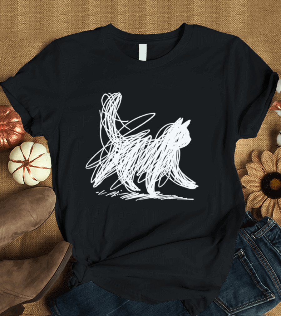 Scribble Cat Minimal Line Art Japanese T-Shirt
