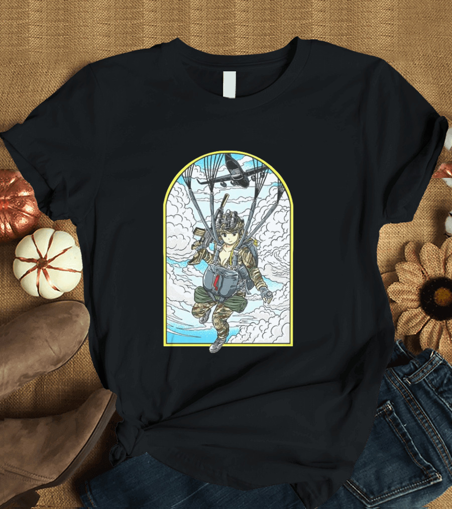 Sky Waifu Anime Paratrooper With Clouds And Plane T-Shirt