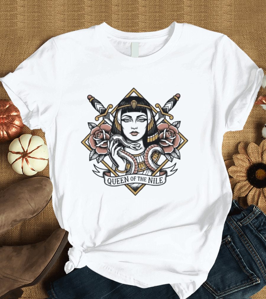 Queen Of The Nile Cleopatra Egyptian Iconic Imagery With Swords And Flowers T-Shirt