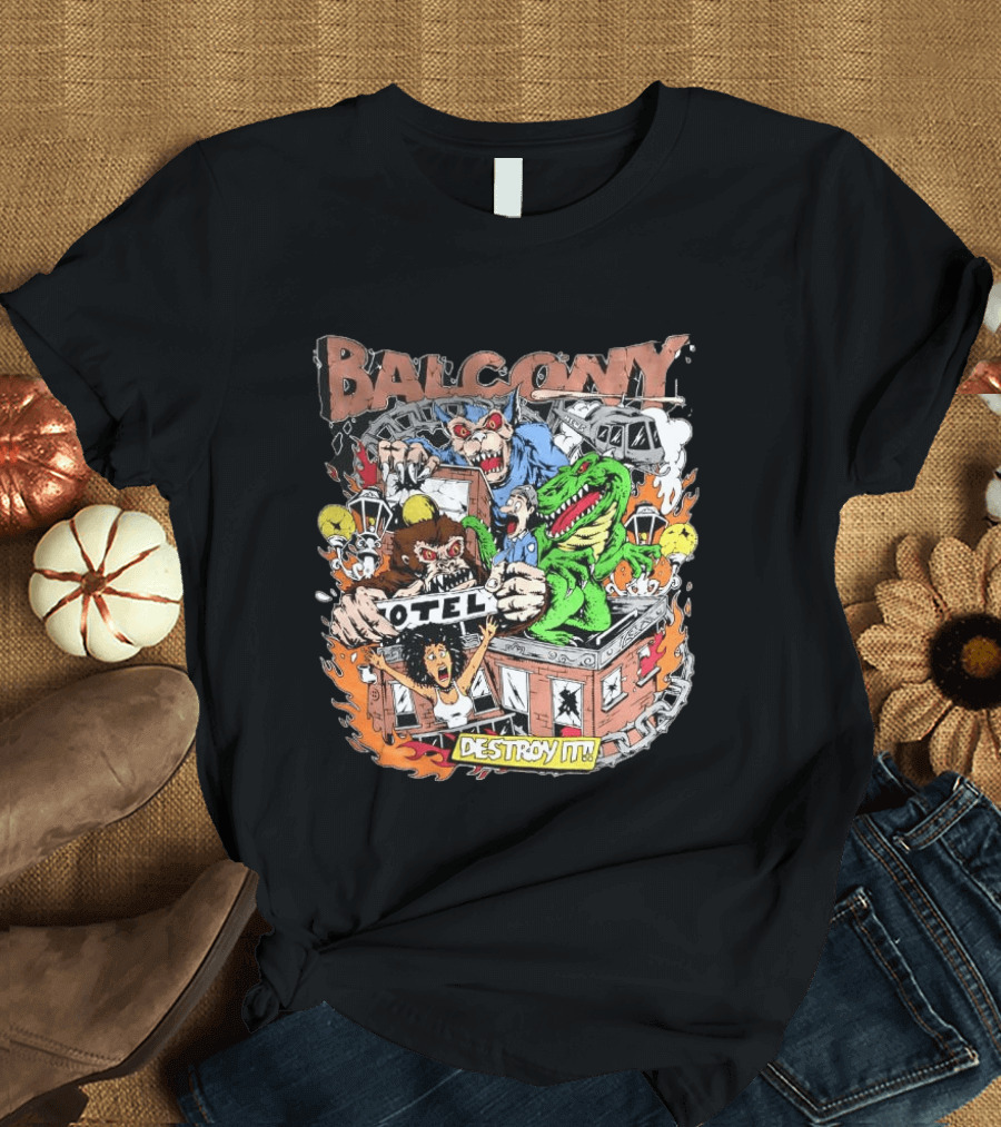 Balcony Hotel Rampage Cartoon Destroy It Monsters And Chaos T-Shirt