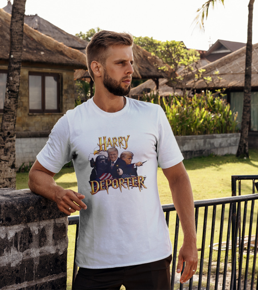 Harry Deporter Trump ICE Caricature American Flag Wand And Eagle T-Shirt