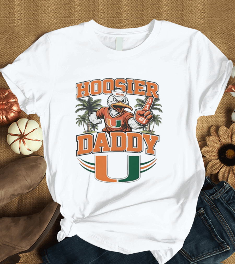 Miami Hurricanes Hoosier Daddy Sebastian The Ibis Number One Fan Palm Trees T-Shirt