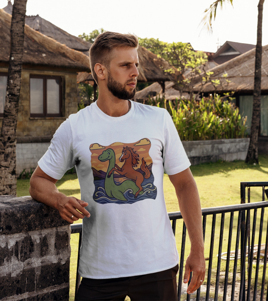 Playful Horse Riding Loch Ness Monster At Sunset Scene T-Shirt