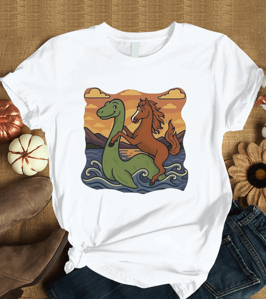 Playful Horse Riding Loch Ness Monster At Sunset Scene T-Shirt