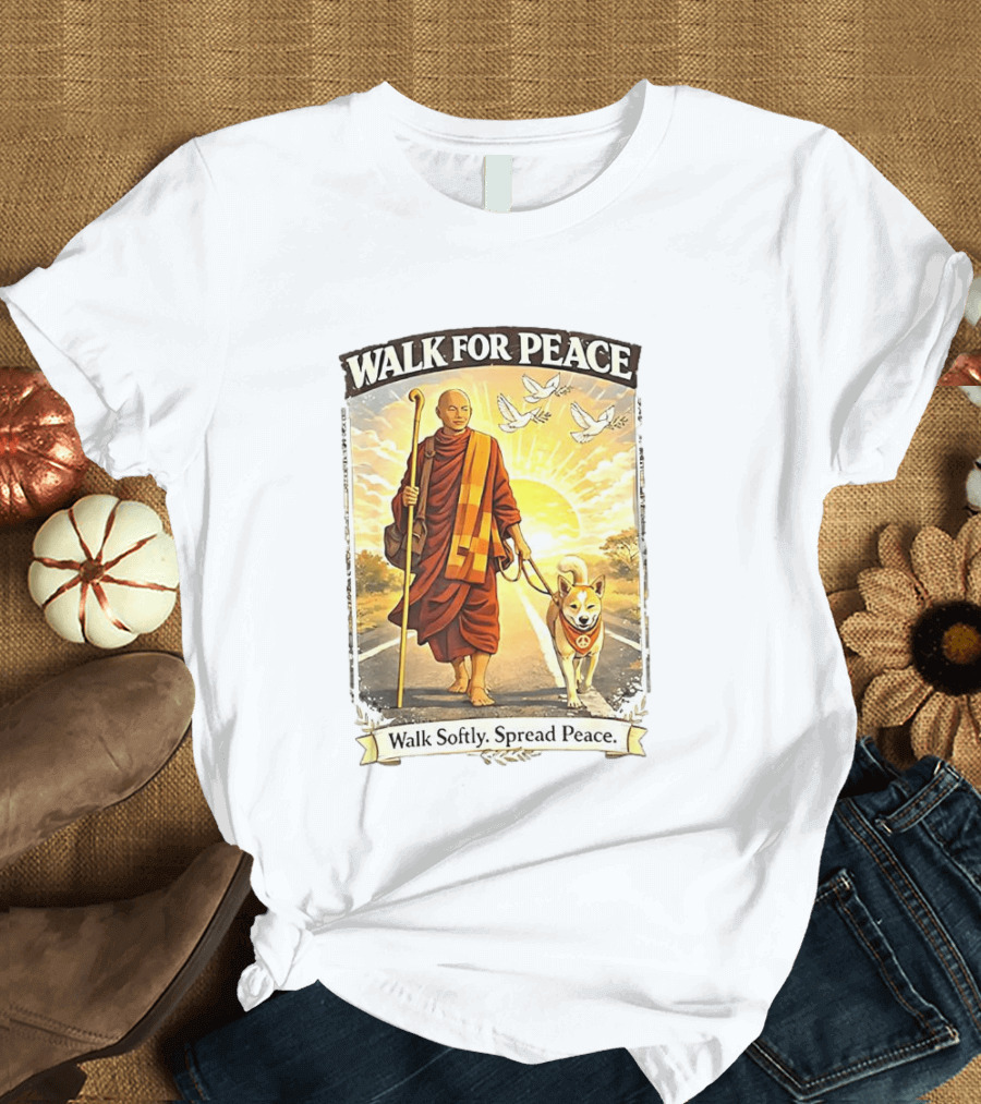 Walk For Peace Walk Softly Spread Peace Monks And Aloka The Peace Dog Doves Sun T-Shirt