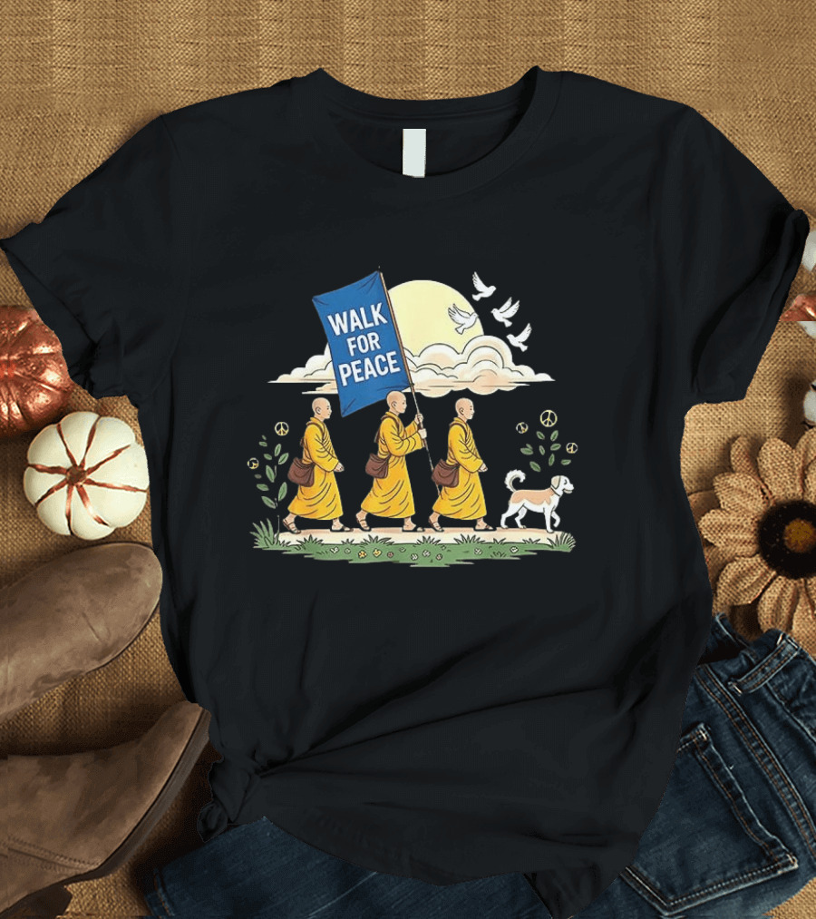 Walk For Peace Buddhist Monks And Dog Journey With Doves And Peace T-Shirt
