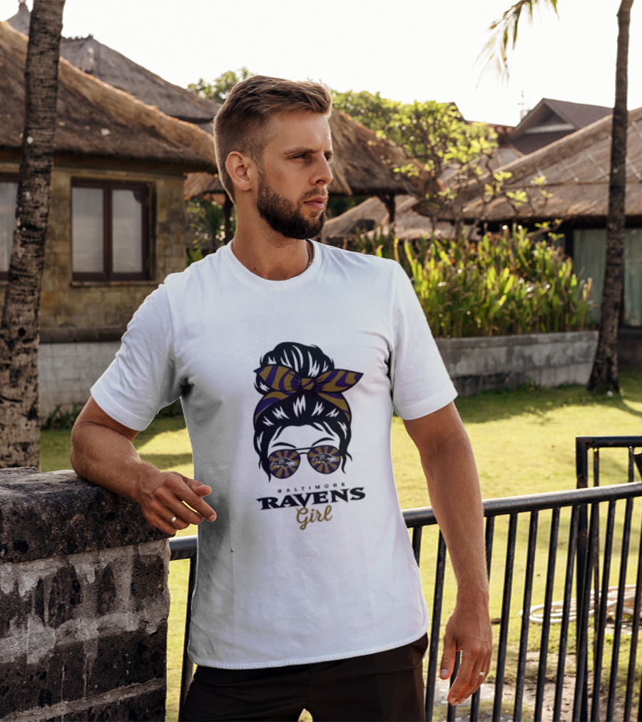 Baltimore Ravens Girl Messy Bun Glasses Bow Fan Gear T-Shirt