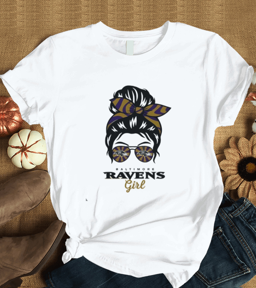 Baltimore Ravens Girl Messy Bun Glasses Bow Fan Gear T-Shirt