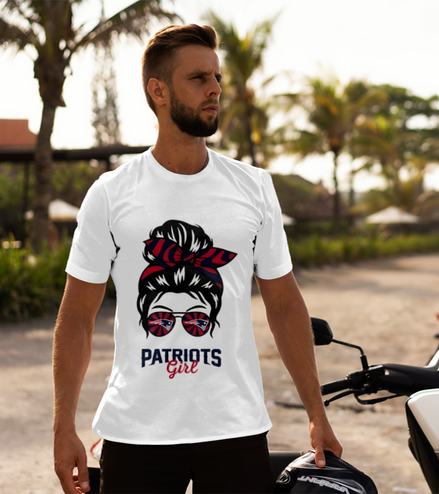 Patriots Girl Messy Bun Glasses Red Blue Bow Fan T-Shirt